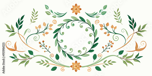 Set of elegant calligraphic botanical design elements, floral frame and graceful branches