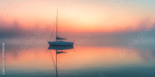 Serene Sailboat Reflected on a Misty Morning Lake