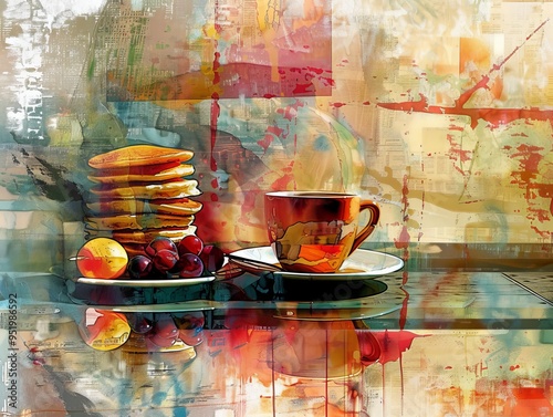 Abstract painting of a breakfast scene with pancakes, fruit, and coffee.