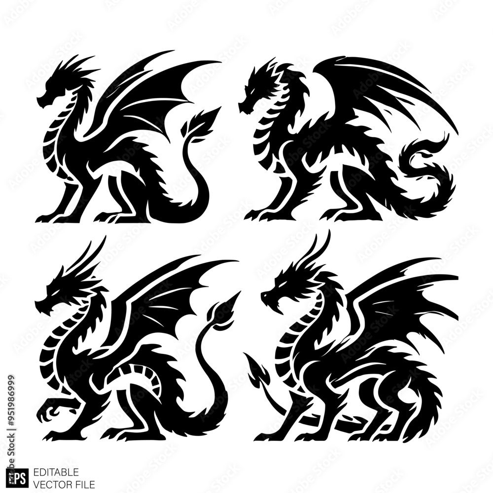 set of dragon graphic design black and white vector clip art silhouette set of dragon graphic design black and white vector clip art silhouette