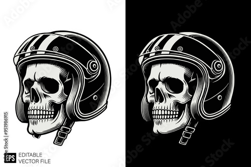 skull wearing motorcycle helmet graphic design black and white vector clip art silhouette