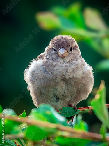 A female sparrow perching on a branch of a bush and looks at the camera