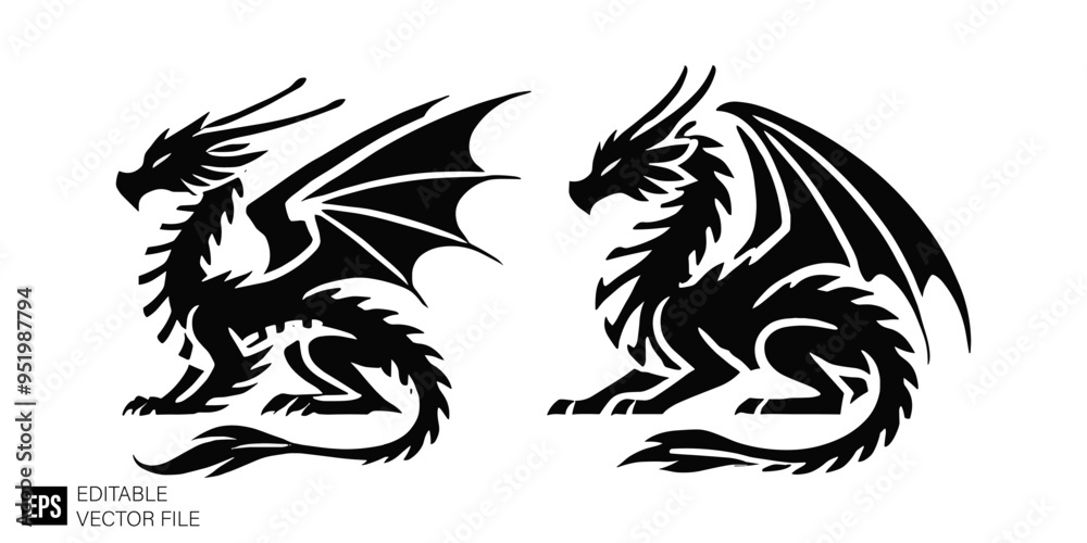 set of dragon graphic design black and white vector clip art silhouette