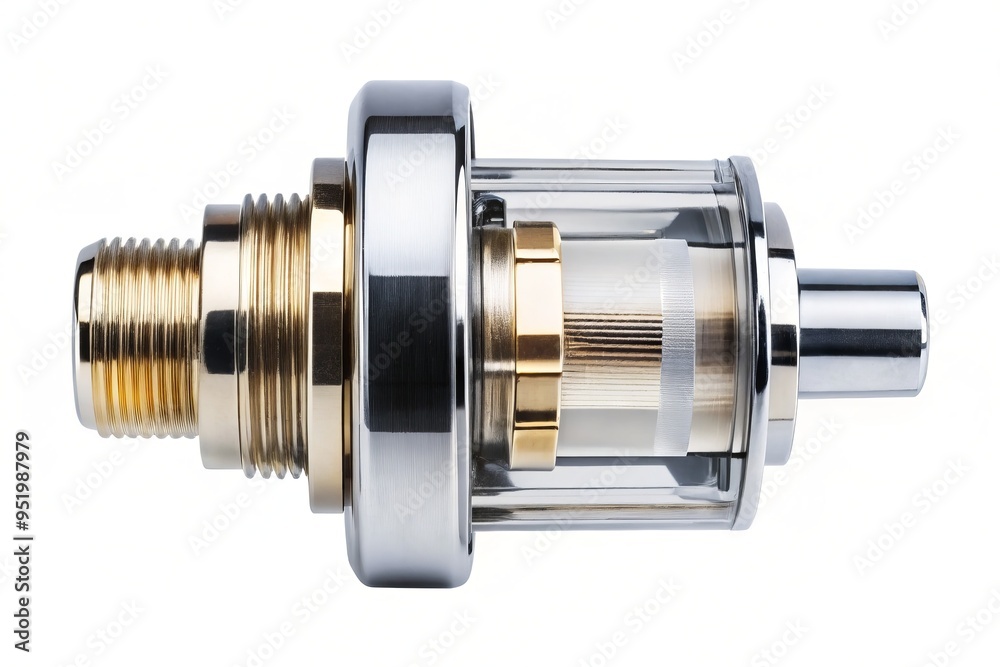 A photo image of a chrome-plated faucet cartridge with transparent or translucent body, showing internal mechanical components and fluid flow paths A photo image of a chrome-plated faucet cartridge with transparent or translucent body, showing internal mechanical components and fluid flow paths