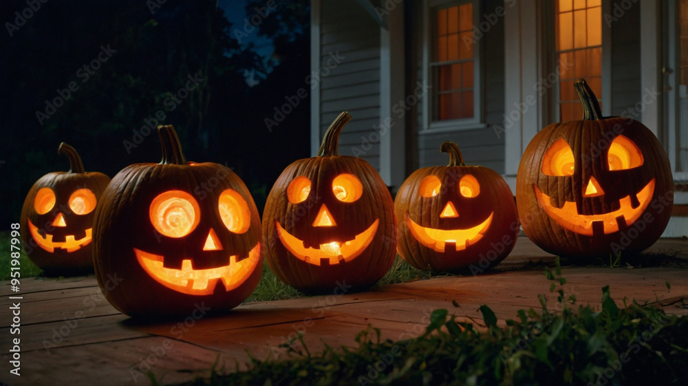 A nighttime scene of several glowing jack-o'-lanterns lined up on a porch, each one with a unique, intricately carved face, with the family inside, still working on more. A nighttime scene of several glowing jack-o'-lanterns lined up on a porch, each one with a unique, intricately carved face, with the family inside, still working on more.