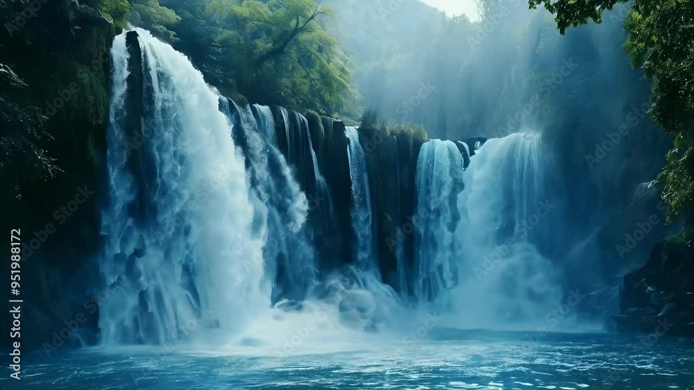 A breathtaking waterfall surrounded by lush greenery and misty atmosphere.