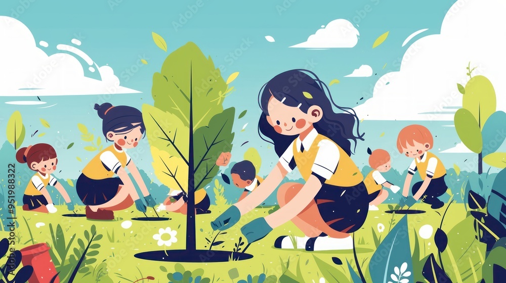 Naklejka premium Kids Planting Trees.