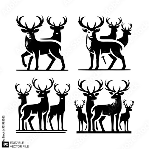 set of deer Isolated vector graphic illustration design in black and white silhouette for clip art templates