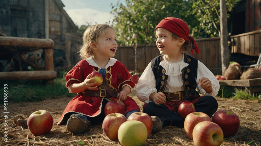 Fototapeta premium A pair of siblings, one in a pirate costume and the other in a superhero costume, taking turns bobbing for apples, with a parent cheering them on from the side.