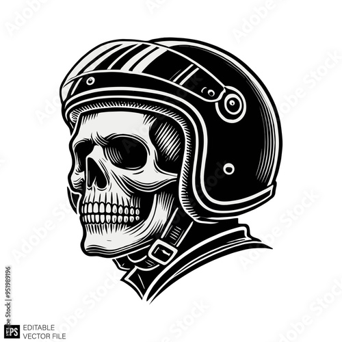 skull wearing motorcycle helmet graphic design black and white vector clip art silhouette