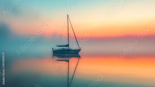 Serene Sailboat Reflected on a Misty Morning Lake