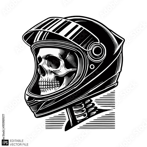 skull wearing motorcycle helmet graphic design black and white vector clip art silhouette