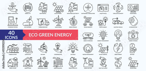 Eco green energy icon collection set with renewable energy, solar power, wind energy, waste energy, eco material
