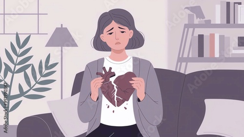 A sad woman holds a crumbling heart, symbolizing the recovery of the psyche after breaking up with a boyfriend. A girl with aheart from a puzzle, for the concept of cancer and cardiovascular cancer photo