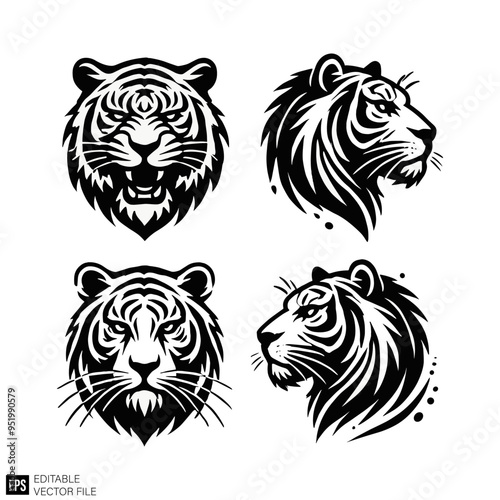 tiger head graphic design black and white vector clip art silhouette