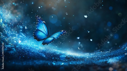 Glittering blue banner flows with a butterfly soaring towards light and space. 