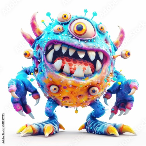 Medium shot of Cute cartoon monster like bacteria, isolated on a white background 