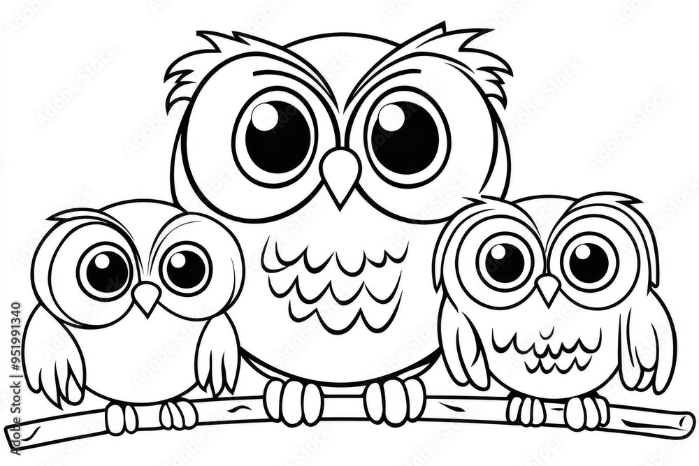 Fototapeta premium Three charming owls perched on a tree branch, showcasing their adorable features and unique expressions in a playful, whimsical style. Simple owl coloring book for kids.