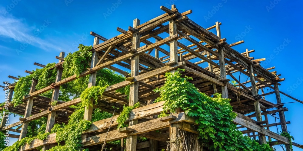 a photo image of a worn wooden scaffolding structure rising from the ground, covered in ivy and vines, with a faint blue sky in the background a photo image of a worn wooden scaffolding structure rising from the ground, covered in ivy and vines, with a faint blue sky in the background