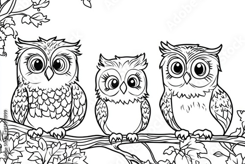 Three whimsical owls perched on a branch amidst leafy surroundings, showcasing their distinct personalities in a delightful forest setting. Simple owl coloring page for kids.