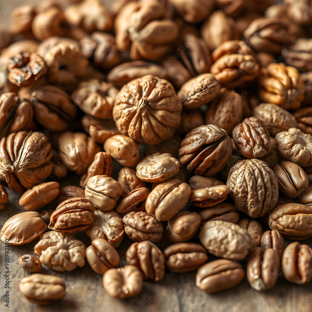 Naklejka premium Various coffee beans on a rustic wooden surface during the afternoon