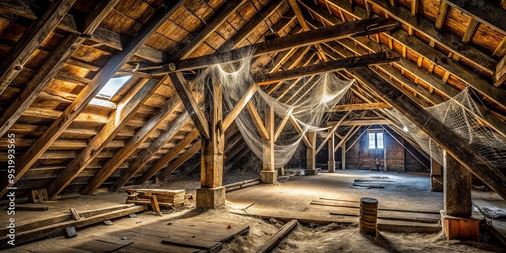 Dusty wooden beams stretch across a dimly lit attic, where cobwebs clings to every surface, casting a sense of foreboding. Dusty wooden beams stretch across a dimly lit attic, where cobwebs clings to every surface, casting a sense of foreboding.