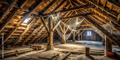 Dusty wooden beams stretch across a dimly lit attic, where cobwebs clings to every surface, casting a sense of foreboding.