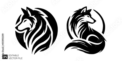set of wolf graphic design black and white vector clip art silhouette