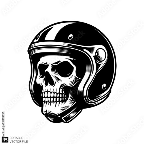 skull wearing motorcycle helmet graphic design black and white vector clip art silhouette