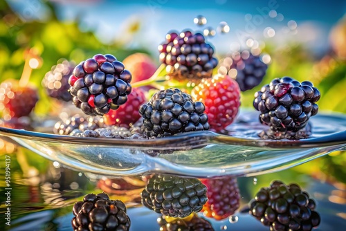 a photo image of dewberries suspended in a shallow pool of clear water, their juicy purple flesh glistening in the sunlight