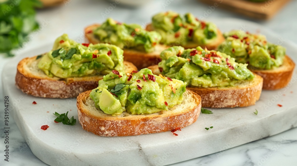 Avocado bruschetta with a sprinkle of red pepper flakes, served on a marble platter Avocado bruschetta with a sprinkle of red pepper flakes, served on a marble platter