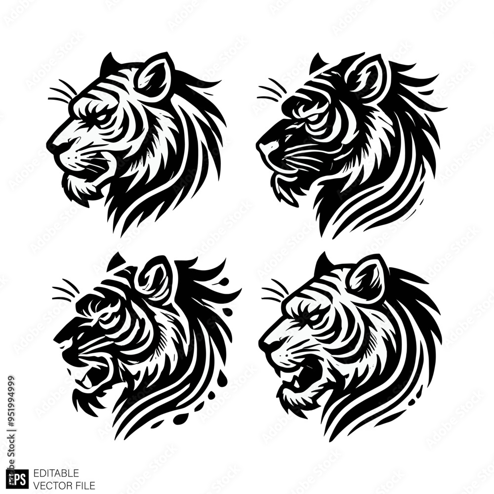 tiger head graphic design black and white vector clip art silhouette