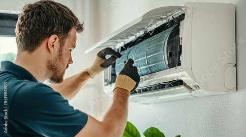 Technician performing air conditioner maintenance by cleaning the filter. essential hvac service to ensure efficient cooling.