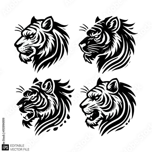 tiger head graphic design black and white vector clip art silhouette