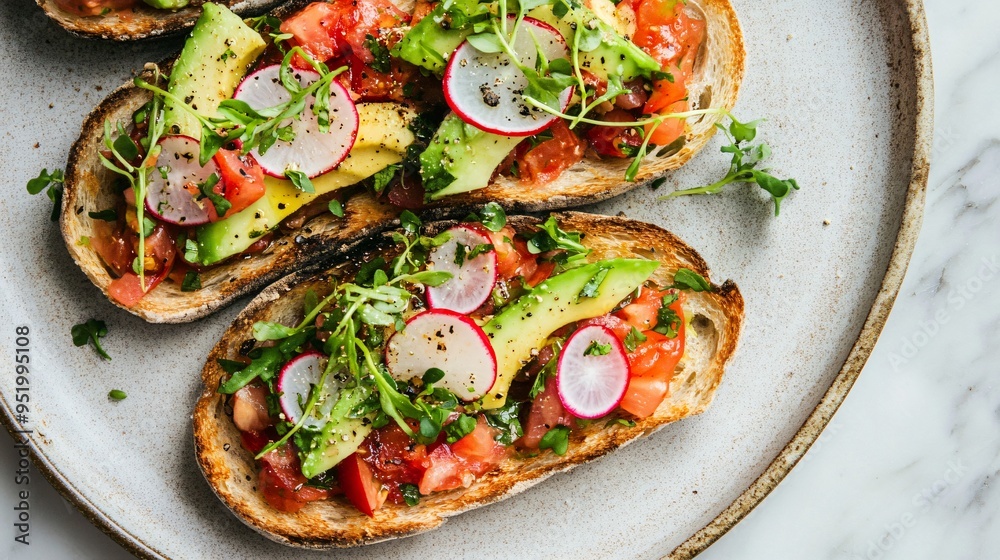 Bruschetta topped with avocado, radishes, and microgreens on a vintage ceramic plate Bruschetta topped with avocado, radishes, and microgreens on a vintage ceramic plate