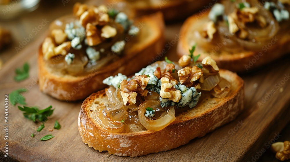 Bruschetta topped with caramelized onions, blue cheese, and walnuts on a rustic wooden board