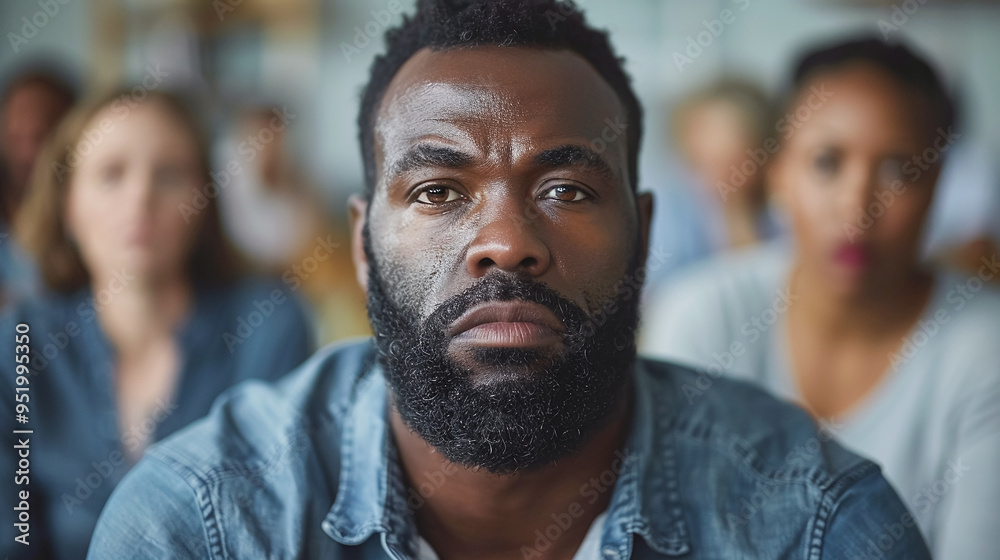 Sad depressed black man at support group meeting for mental health, anonymous community. Sad depressed black man at support group meeting for mental health, anonymous community.