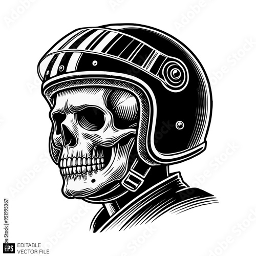 skull wearing motorcycle helmet graphic design black and white vector clip art silhouette