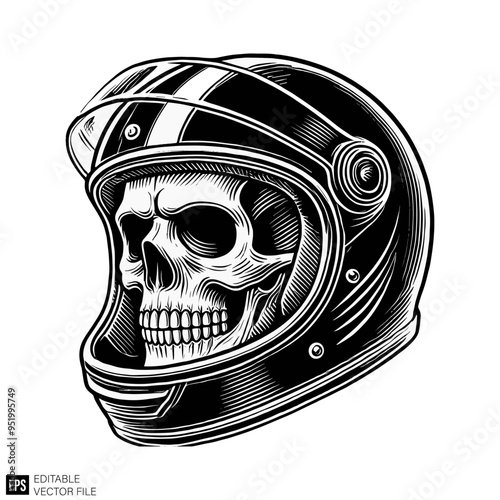 skull wearing motorcycle helmet graphic design black and white vector clip art silhouette