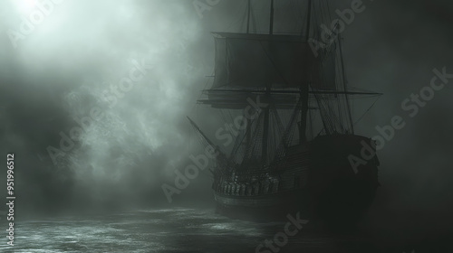 Wallpaper Mural A ghostly ship emerging from the fog on a dark, eerie sea, with faint figures on the deck. Torontodigital.ca