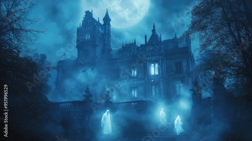 A haunted castle with ghostly figures moving through the foggy courtyard, illuminated by moonlight.