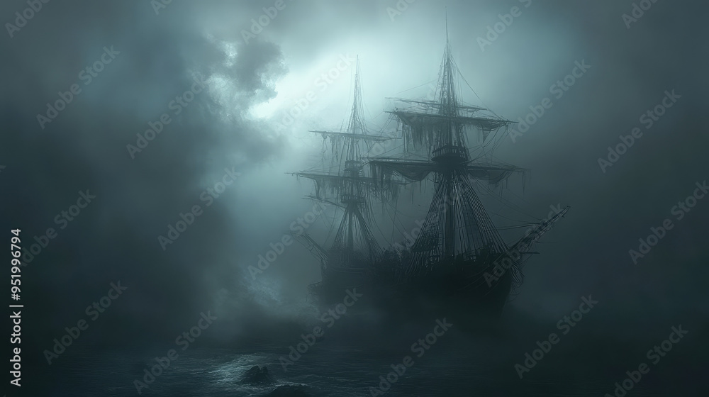 A ghostly ship emerging from the fog on a dark, eerie sea, with faint figures on the deck. A ghostly ship emerging from the fog on a dark, eerie sea, with faint figures on the deck.