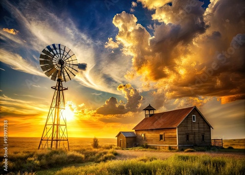 golden hour rural landscape with majestic windmill silhouette against vibrant blue sky dotted with puffy clouds and rustic farmhouse in warm earthy tones photo