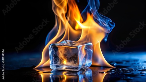 A mysterious ice cube suddenly ignites, sending wispy tendrils of flames dancing across its frosty surface. photo