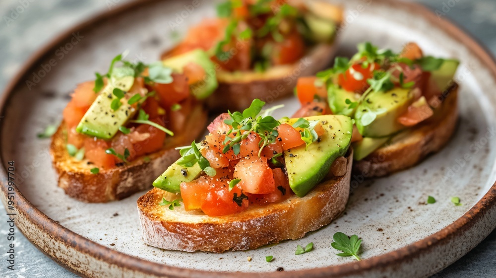 Bruschetta with avocado, smoked paprika, and a sprinkle of microgreens on a ceramic plate Bruschetta with avocado, smoked paprika, and a sprinkle of microgreens on a ceramic plate