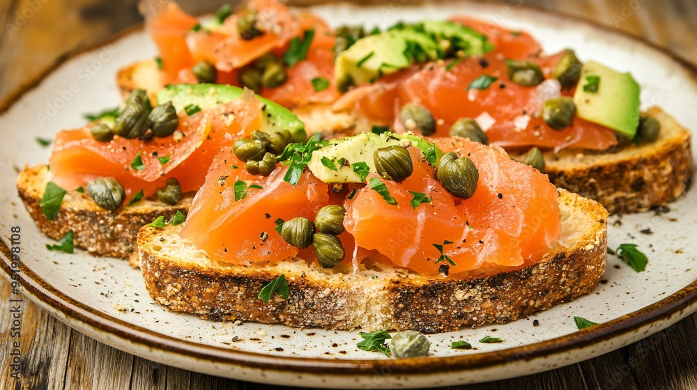 Bruschetta with avocado, smoked salmon, and capers on a rustic ceramic plate Bruschetta with avocado, smoked salmon, and capers on a rustic ceramic plate