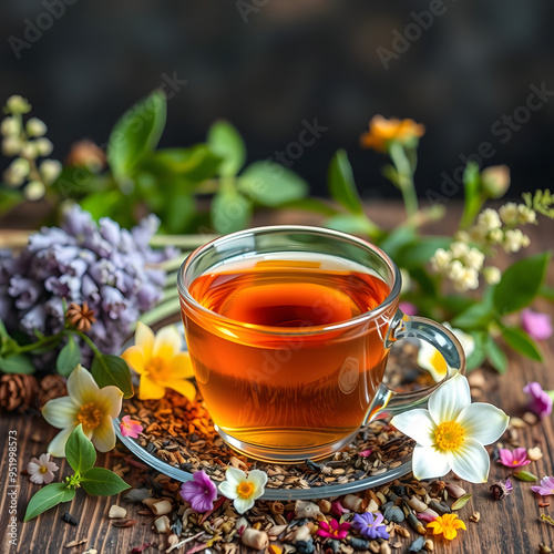 Herbal tea in clear glass cup surrounded by colorful flowers on wooden table