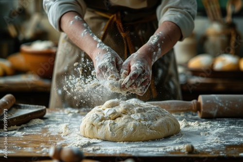 Someone is kning dough on a table with rolling pins