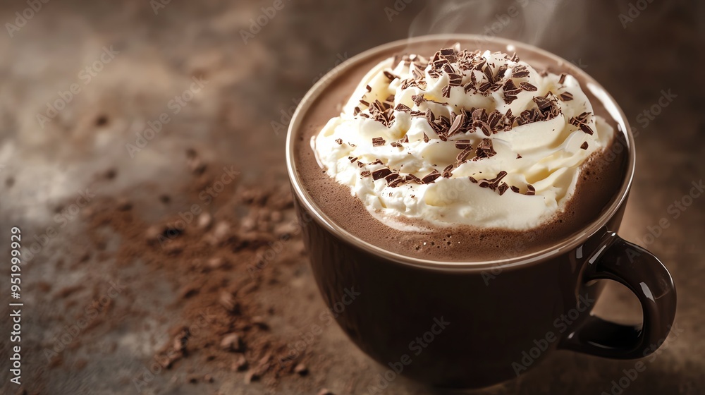 A close-up of a steaming cup of hot chocolate topped with whipped cream and chocolate shavings.