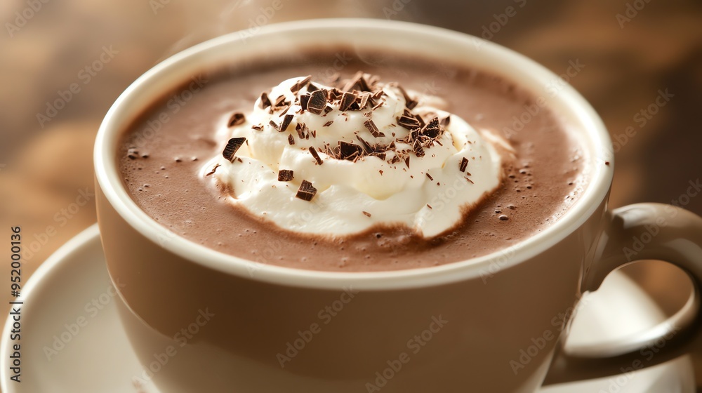 A steaming cup of hot chocolate topped with whipped cream and chocolate shavings. The warm drink is perfect for a cold winter day. A steaming cup of hot chocolate topped with whipped cream and chocolate shavings. The warm drink is perfect for a cold winter day.